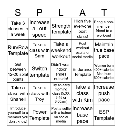 OTF Splat Bingo Card