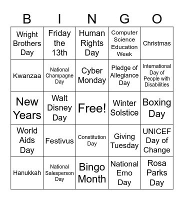 December Holidays Bingo Card