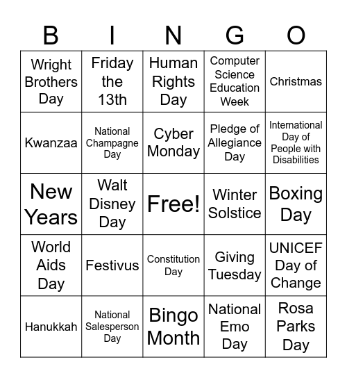 December Holidays Bingo Card