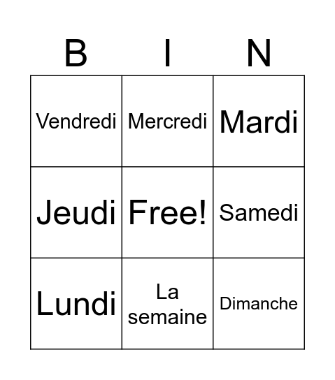 Bingo-Les jour de la semaine Bingo Card