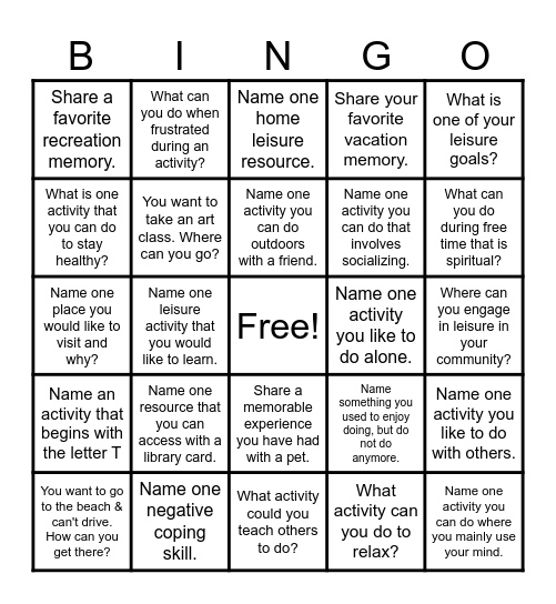 LEISURE BINGO Card