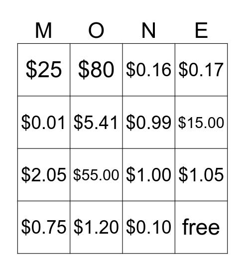 Money Money Money ENL Bingo Card