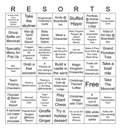 Disney Resort Christmas Crawl 2024 Bingo Card