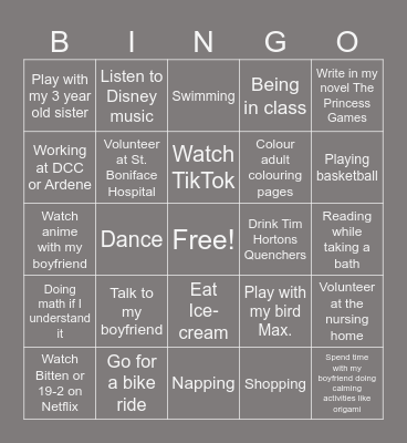 Self-Care Menu Bingo Card