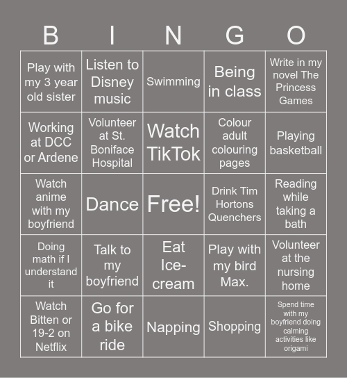 Self-Care Menu Bingo Card