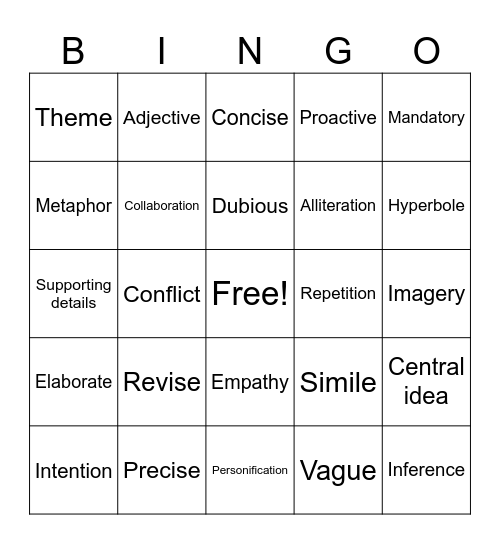 ELA Vocabulary Bingo Card