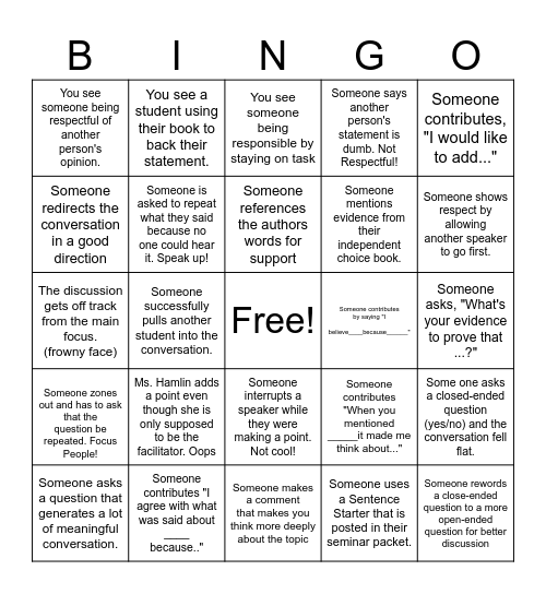 Socratic Seminar Bingo Card