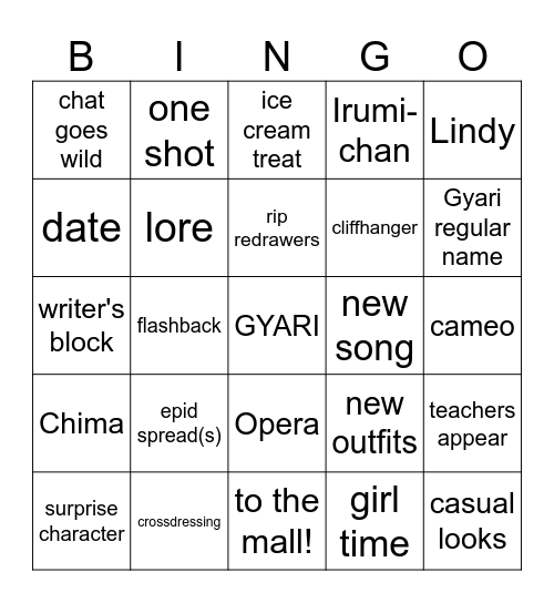 All Girls Bingo Card