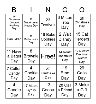 December Holidays Bingo Card