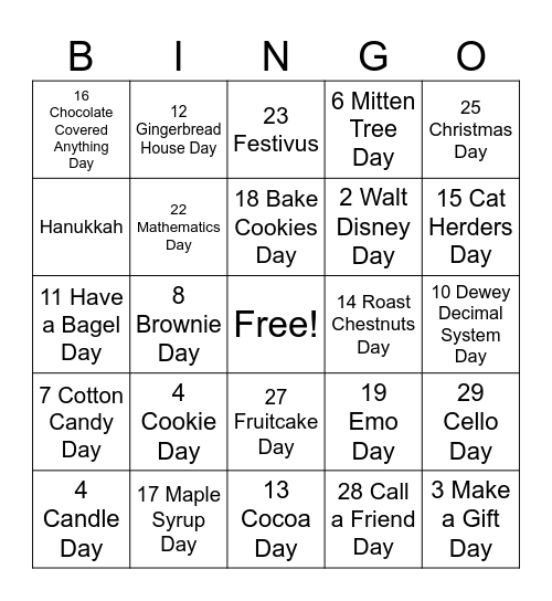 December Holidays Bingo Card