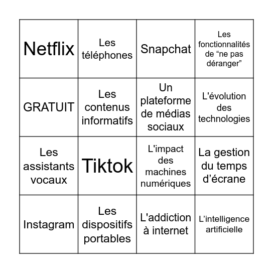 La Technologie et Les Médias Bingo Card