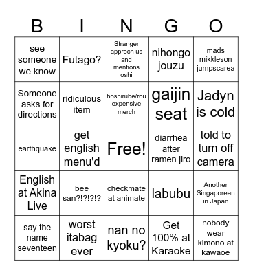 JJJ in Japan Bingo Card