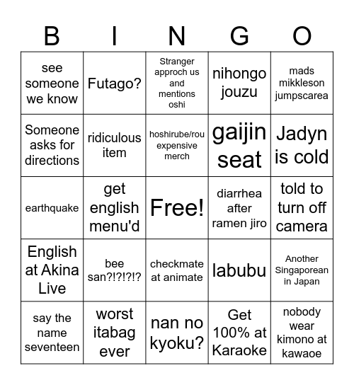 JJJ in Japan Bingo Card