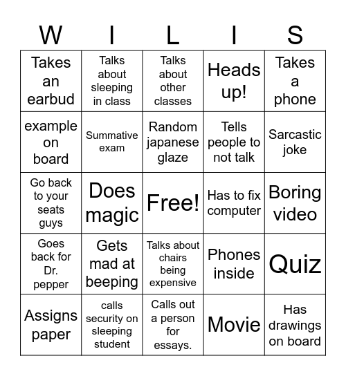 Willis Bingo Card