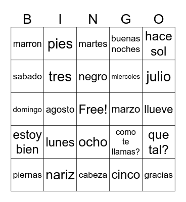 basic spanish vocabulary Bingo Card