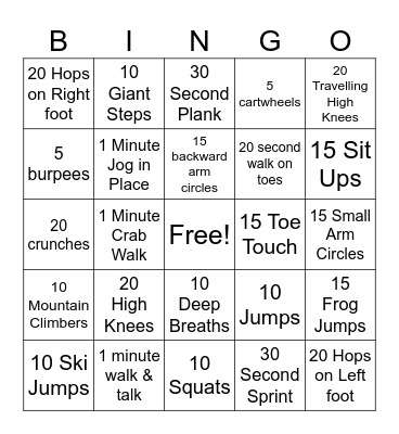 Exercise Bingo Card