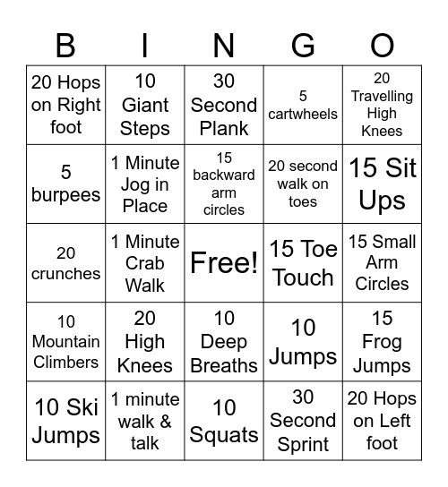 Exercise Bingo Card