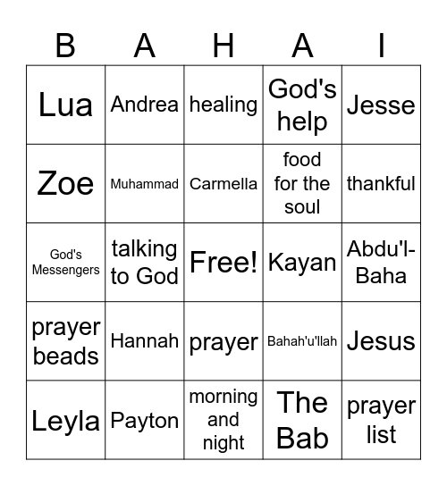 Baha'i Prayer Bingo Card