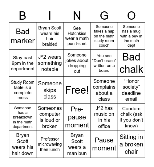 Math Department Bingo Card