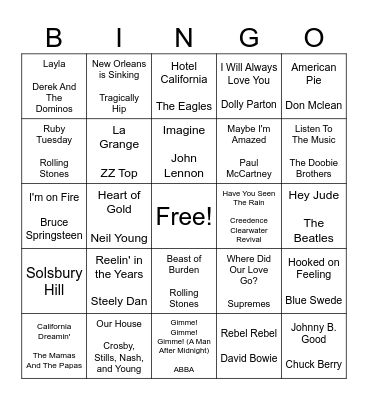 Rock n' Roll Bingo Card