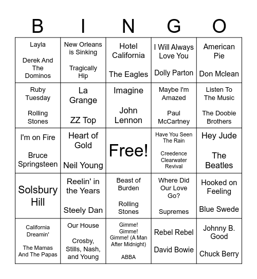 Rock n' Roll Bingo Card