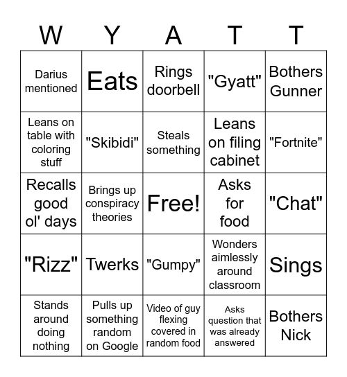 Wyatt Bingo Card