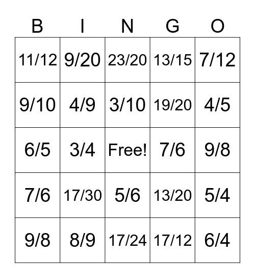 Adding Fractions with Unlike Denominators Bingo Card