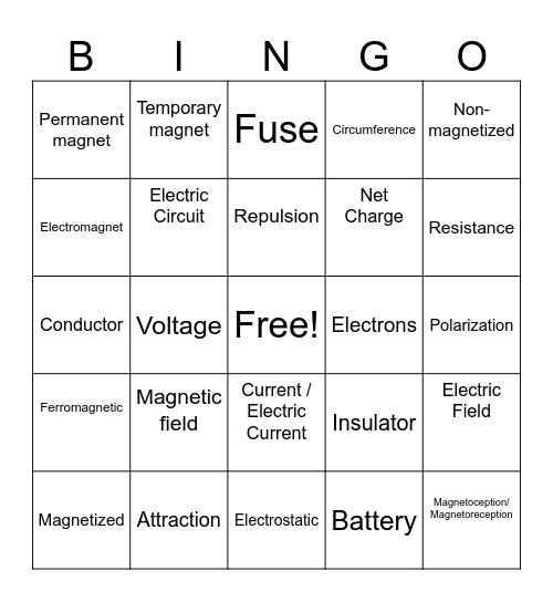 Electricity and Magnetism Vocab Bingo Card