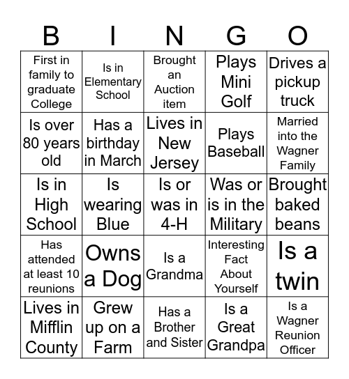 Wagner Reunion Bingo Card