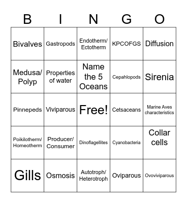 Marine Bio Semester 1 Bingo Card