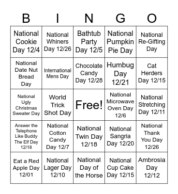 National Days BINGO Card