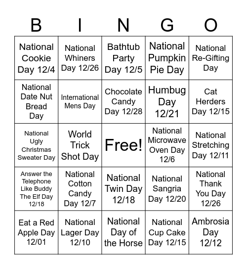 National Days BINGO Card