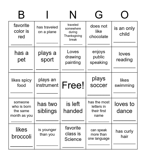 Get To Know You Bingo Card