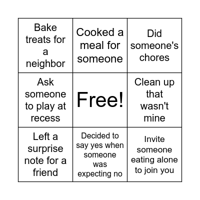 4th Grade Kindness Bingo Card