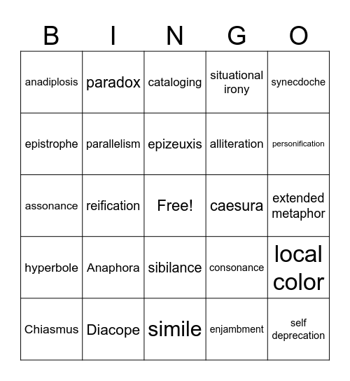 Literary Devices Bingo Card