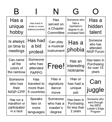 NIGP SEFL Chapter Bingo Card
