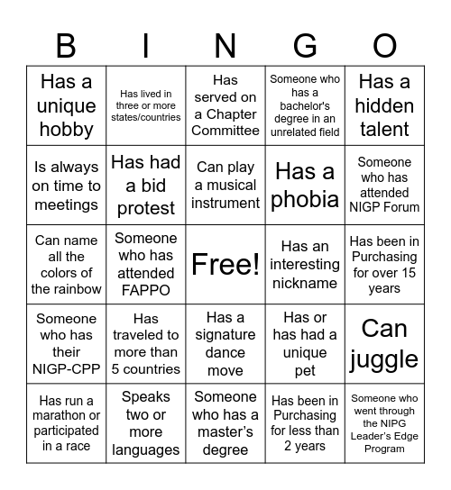 NIGP SEFL Chapter Bingo Card