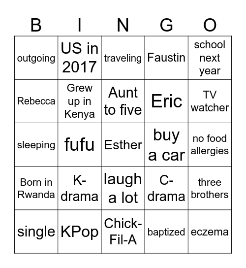 Esther BINGO Card