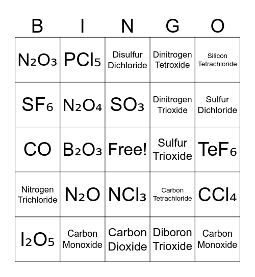 Covalent Compounds Bingo Card