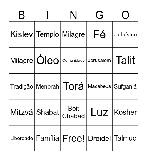 Bingo Cultural do Mês de Kislev Bingo Card