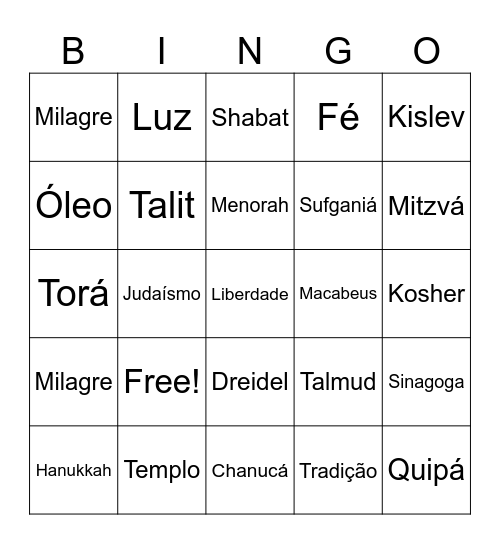 Bingo Cultural do Mês de Kislev Bingo Card