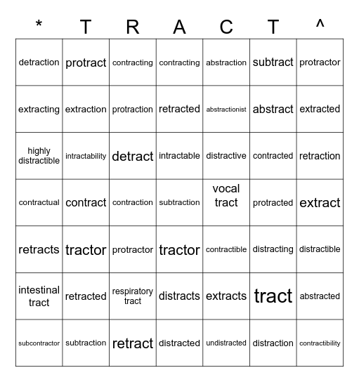 Root 'tract' Bingo Card