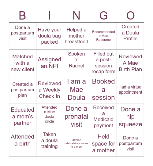 Mae Doula Bingo Card