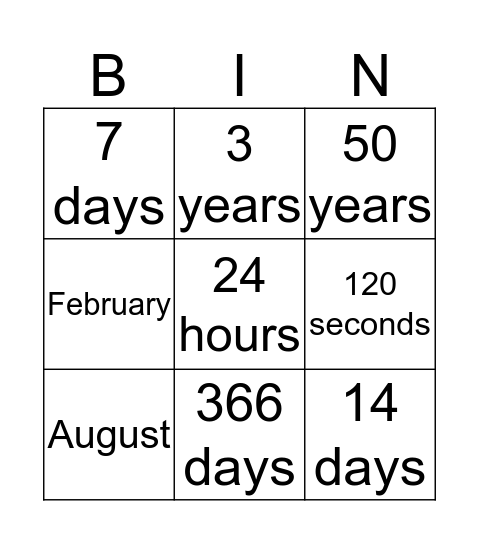 Time Game Bingo Card