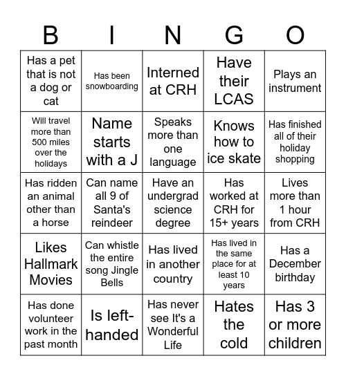 CRH Holiday Bingo Card