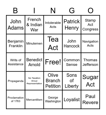 Causes of the American Revolution 2024 - 25 Bingo Card