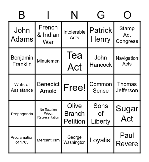 Causes of the American Revolution 2024 - 25 Bingo Card