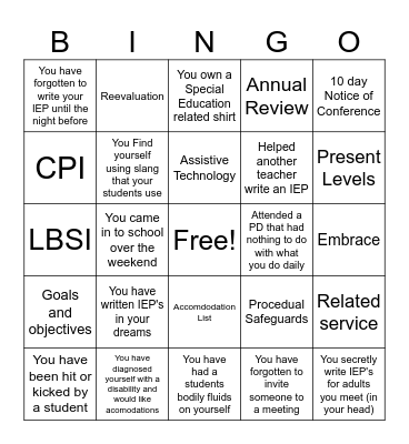 SPED Staff Bingo Card