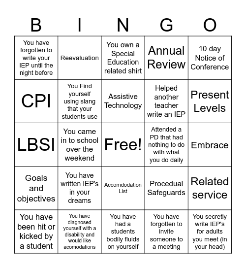 SPED Staff Bingo Card