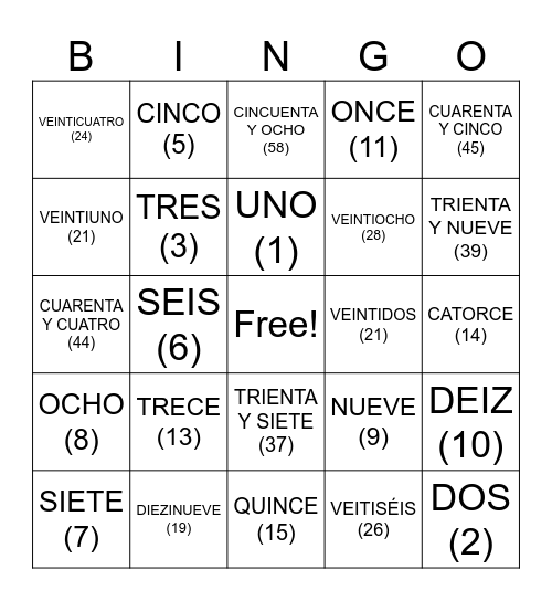 Spanish Bingo Card